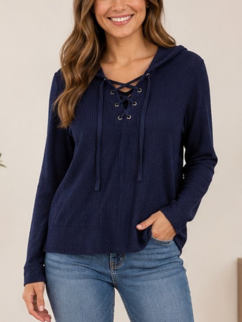 Market & Spruce Ribbed Lace-Up Hooded Top – Navy Blue – Size Small – NWT